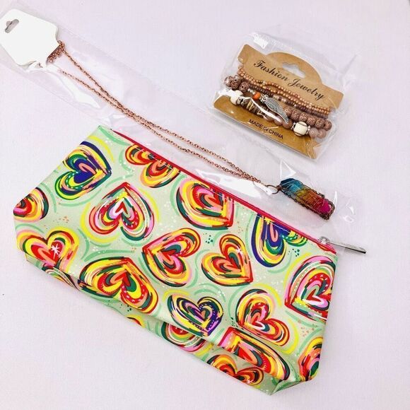 Clinique Heart Pouch Crystal Necklace & Stackable Charm Bracelet Bundle - Picture 1 of 8